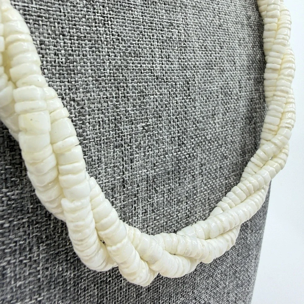 White Puka Shell Heishi Bead Necklace Triple Strand Twisted Boho Coastal Beach
